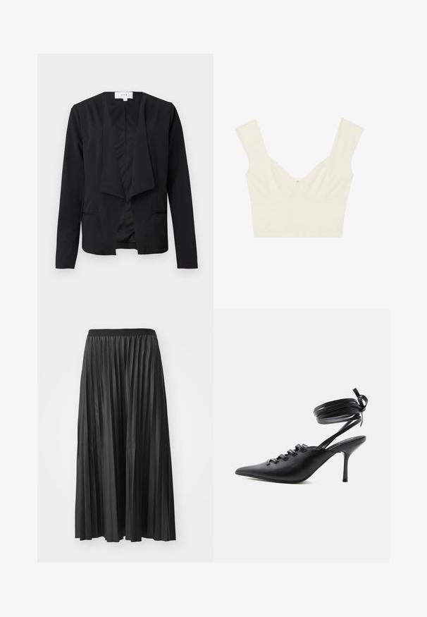 Sort blazer lavet af glat stof med draperet front, lange ærmer og to sidelommer. Minimalistisk design uden knapper eller udsmykninger.; Cropped top i creme, lavet af blødt stof. Har brede stropper, en V-halsudskæring og et tætsiddende design med syning detaljer.; Sort plisseret maxiskørt med en glat tekstur og elastisk talje, der har lodrette folder som skaber volumen og bevægelse.; Sort spids sko med høje hæle, snørelukning foran og omlægning omkring anklerne bundet med sløjfe, vist fra siden på hvid baggrund.
