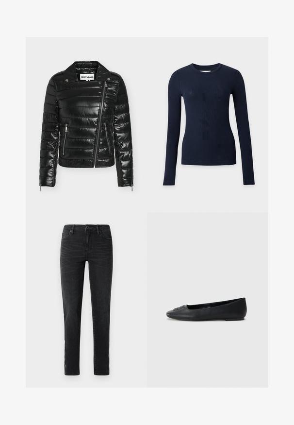 Doudoune noire matelassée avec fermeture éclair diagonale à l'avant, deux poches latérales zippées, col à pression et poignets zippés, étiquetée DKNY JEANS.; Pull en maille côtelée bleu marine à manches longues ajusté avec un col rond sur fond clair uni.; Jean slim noir avec bouton à l'avant, passants de ceinture et détail de décoloration subtil le long des côtés et sur l'avant des cuisses.; Ballerine en cuir noir avec une texture lisse, bout arrondi et décoration subtile à l'avant. Talon plat et bas.