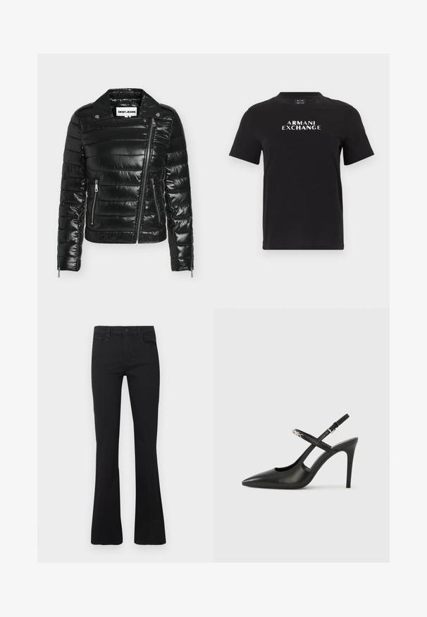 Doudoune noire matelassée avec fermeture éclair diagonale à l'avant, deux poches latérales zippées, col à pression et poignets zippés, étiquetée DKNY JEANS.; T-shirt noir à manches courtes avec "ARMANI EXCHANGE" imprimé en lettres majuscules blanches au centre de la poitrine.; Jean évasé noir en denim avec une texture lisse, doté d'une fermeture à boutons, de cinq poches et de détails de couture subtils.; Escarpins slingback en cuir noir avec bout pointu, design ajouré et bride ajustable ornée de ferrures métalliques.