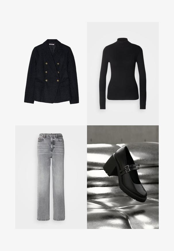 Blazer noir à double boutonnage avec un tissu texturé, comportant deux poches avant et des accents de boutons dorés.; Pull à col roulé noir en maille légère. Il possède des manches longues, une coupe ajustée et une texture côtelée douce.; Jeans taille haute gris avec un design à jambe droite, une légère décoloration et un style classique à cinq poches avec fermeture à bouton en métal.; Chaussure noire à talon épais avec double bride à boucle reposant sur une surface argentée capitonnée brillante, mettant en valeur la texture et le design de la chaussure.
