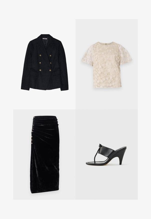 Blazer noir à double boutonnage avec un tissu texturé, comportant deux poches avant et des accents de boutons dorés.; Blouse beige avec broderie florale, manches bouffantes transparentes, encolure ronde et fermeture éclair au dos. Motif floral texturé sur le panneau avant.; Rabanne Jupe crayon - black; Sandale noire à talon haut avec une large bride avant et une boucle d'orteil dotée d'un détail de corde nouée, vue de profil sur fond blanc.