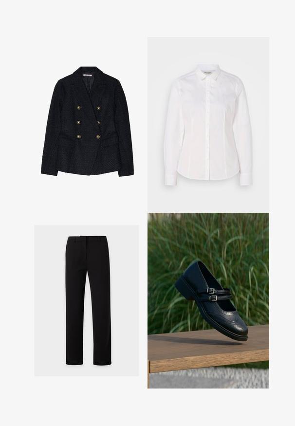 Blazer noir à double boutonnage avec un tissu texturé, comportant deux poches avant et des accents de boutons dorés.; Chemise blanche à boutons fabriquée en coton lisse, avec un col classique, des manches longues et un logo subtil sur la poitrine. Présente une fermeture à boutons sur le devant.; Pantalon noir à jambes droites avec passants de ceinture, fermeture éclair à l'avant et une ceinture lisse, présenté sur un fond clair uni.; Chaussure Mary Jane en cuir noir avec doubles brides bouclées et détails brogue, flottant au-dessus d'un banc en bois avec en arrière-plan de l'herbe verte.