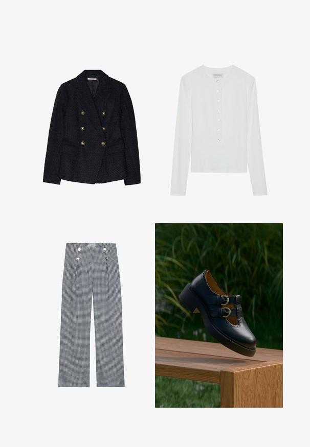 Blazer noir à double boutonnage avec un tissu texturé, comportant deux poches avant et des accents de boutons dorés.; Haut à manches longues blanc en tissu côtelé, avec un col rond et un devant boutonné comportant six boutons transparents.; Pantalons large en vichy noir et blanc avec plis avant et boutons dorés sur la taille. Texture de tissu lisse.; Chaussure noire en cuir à double boucle avec des détails perforés flottant au-dessus d'un banc en bois à l'extérieur avec de l'herbe verte et des plantes en arrière-plan.