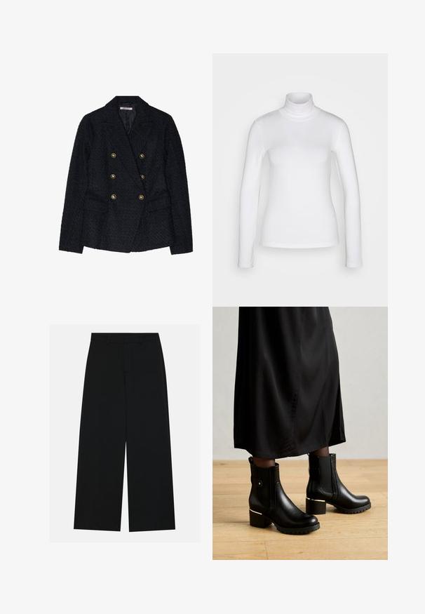 Blazer noir à double boutonnage avec un tissu texturé, comportant deux poches avant et des accents de boutons dorés.; Chemise à col roulé blanc à manches longues en tissu lisse et extensible. Offre une coupe ajustée et un col haut. Pas de motifs ni d'accents visibles.; Pantalons noirs à jambe large en tissu lisse. Dotés d'une taille plate avec passants de ceinture et sans poches visibles. Design simple.; Bottes de cheville en cuir noir avec un talon épais, accents en métal doré, semelle texturée et panneaux latéraux élastiques, associées à une jupe noire.