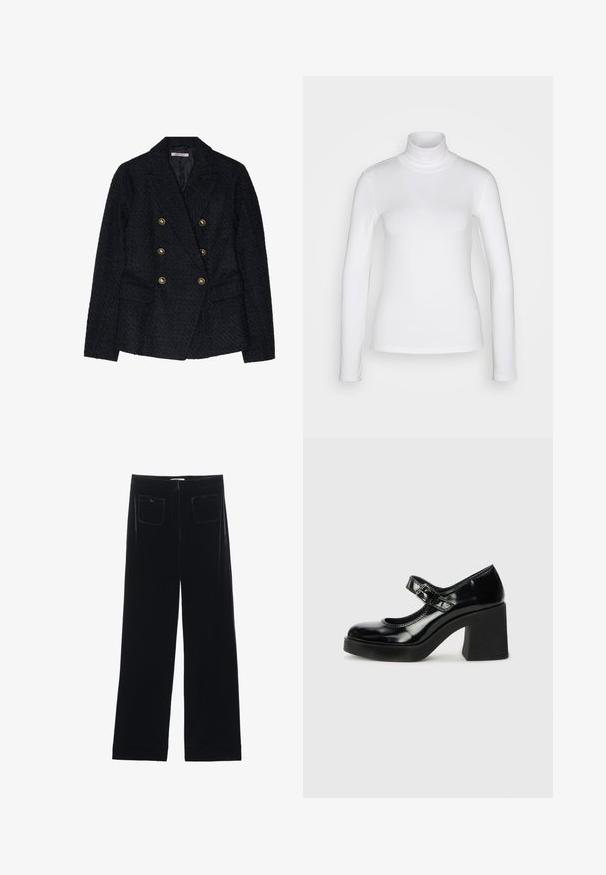 Blazer noir à double boutonnage avec un tissu texturé, comportant deux poches avant et des accents de boutons dorés.; Chemise à col roulé blanc à manches longues en tissu lisse et extensible. Offre une coupe ajustée et un col haut. Pas de motifs ni d'accents visibles.; Pantalons larges en velours noir avec deux poches arrière et une texture lisse, présentant une coupe droite et une finition ourlée aux chevilles.; Tamaris Escarpins à plateforme - black