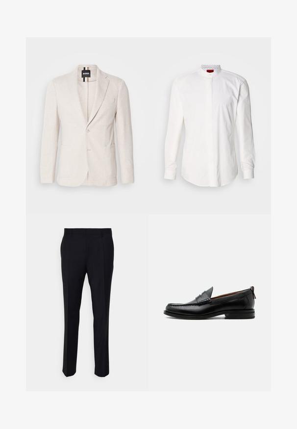 Lys beige blazer lavet af struktureret stof, med en notch revers, to forlommer og en enkelt knaplukning. Mærketikette synlig indeni.; Hvid langærmet skjorte med høj krave, lavet af bomuld. Har en forlomme foran, minimalistisk design og subtil branding på den indvendige krave.; Sorte bukser lavet af vævet stof, med en skræddersyet pasform, flad front, sidelommer og lige ben-design.; Sort læder herre loafer med moc-tå syning, penny strop, struktureret krave og lav stablet hæl på hvid baggrund.