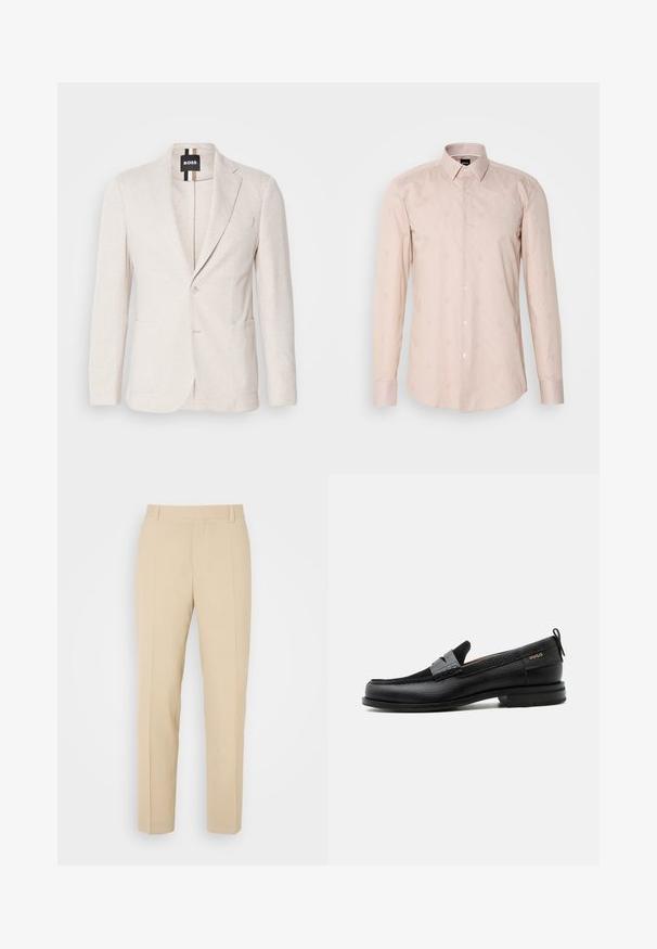 Blazer beige clair en tissu texturé, avec un col cranté, deux poches avant et une fermeture à un bouton. Étiquette de marque visible à l'intérieur.; Chemise à manches longues rose clair avec un col à boutons, un motif rayé subtil et des motifs circulaires brodés.; Pantalons beige ajustés avec une coupe droite, fabriqués en tissu léger, dotés de deux poches avant et de plis bien repassés.; Mocassin en cuir noir avec détail de bride grise, talon bas et semelle texturée, marqué "HUGO" en or sur le côté.