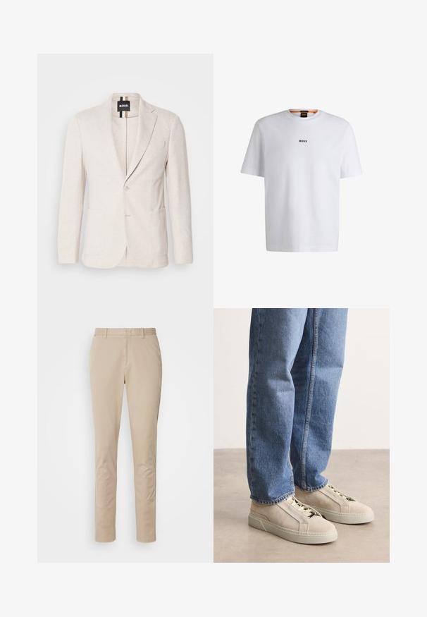 Lys beige blazer lavet af struktureret stof, med en notch revers, to forlommer og en enkelt knaplukning. Mærketikette synlig indeni.; Hvid bomuld T-shirt med korte ærmer, med et sort "BOSS" logo centreret på brystet og en rund halsudskæring.; Beige bomuldsbukser med lige ben, der har lynlåsgylpter, sidelommer og diskrete syninger. Glat tekstur.; BOSS GARYTENN_SDHDEL - Sneakers - natural ten