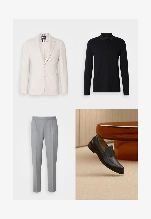 Lichtbeige blazer gemaakt van textuurstof, met een notch-lapel, twee voorzakken en een enkel knoopsluiting. Merktag zichtbaar aan de binnenkant.; Zwarte langslavige polo shirt van gladde stof. Heeft een kraag, een placket met drie knopen en een subtiele logo op de borst.; Grijze op maat gemaakte broeken met een gladde textuur, voorzien van een platte voorkant, rechte pijpen en subtiele plooien voor extra details.; Zwarte leren loafer met lage hak zwevend boven een beige tapijt dichtbij een ronde bruine tafel.