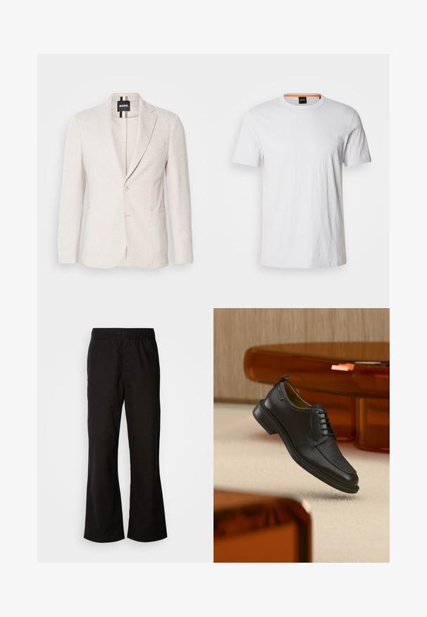 Blazer beige clair en tissu texturé, avec un col cranté, deux poches avant et une fermeture à un bouton. Étiquette de marque visible à l'intérieur.; T-shirt blanc à manches courtes en coton doux, avec un col rond et un subtil détail de logo assorti en blanc sur le devant.; Pantalons à taille élastique noire avec une forme évasée, fabriqués en tissu de coton lisse. Présente un design simple et des ouvertures de jambe droites.; Chaussure habillée noire en cuir à lacets avec devant texturé, flottant au-dessus d'un tapis beige dans une pièce moderne avec des meubles teintés d'ambre.