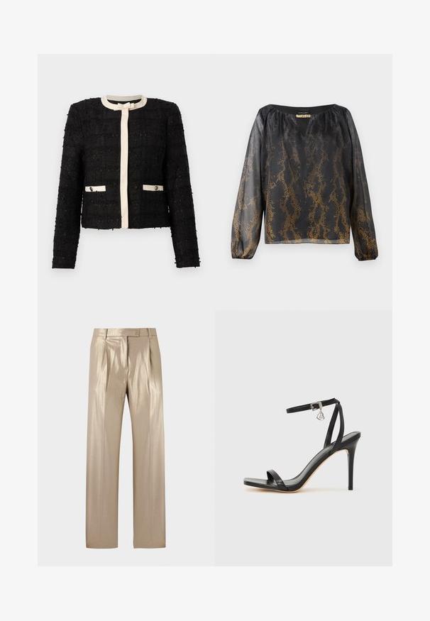 Veste en tweed noire avec bordure crème, encolure ronde, manches longues, nœud sur le devant, et deux poches boutonnées bordées de crème.; Blouse noire et dorée transparente avec un motif serpent, présentant un col en V, des manches longues bouffantes et des poignets froncés. Tissu lisse et léger.; Pantalon beige brillant avec une coupe ajustée, doté de plis devant, d'une fermeture par bouton et de jambes droites, fabriqué dans un matériau réfléchissant.; Sandale à talon haut noire avec une bride étroite à la cheville, bout carré, cuir lisse et accent de boucle métallique.