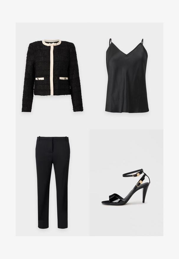 Veste en tweed noire avec bordure crème, encolure ronde, manches longues, nœud sur le devant, et deux poches boutonnées bordées de crème.; Haut caraco en satin noir avec bretelles fines réglables et encolure en V, présenté sur un fond gris clair.; Pantalon habillé noir, coupe slim, avec passants de ceinture, pli avant, et silhouette ajustée sur fond clair.; Sandale à talon haut en cuir verni noir avec double bride de cheville et boucles dorées, bout ouvert, et talon effilé sur fond neutre.