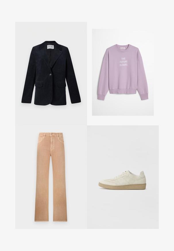 Veste blazer en velours côtelé bleu marine avec un col à revers cranté, des manches longues, deux poches avant, une fermeture à un bouton et une doublure intérieure lisse.; Sweat-shirt lavande à manches longues avec un texte blanc centré à l'avant indiquant "L'AVENIR NOUS APPARTIENT."; Jean taille haute à jambes droites de couleur marron clair avec bouton frontal, fermeture éclair, passants de ceinture et design à cinq poches.; Baskets en daim beige avec un design texturé, semelle en caoutchouc plate et couture latérale distincte. Bout arrondi et col rembourré.