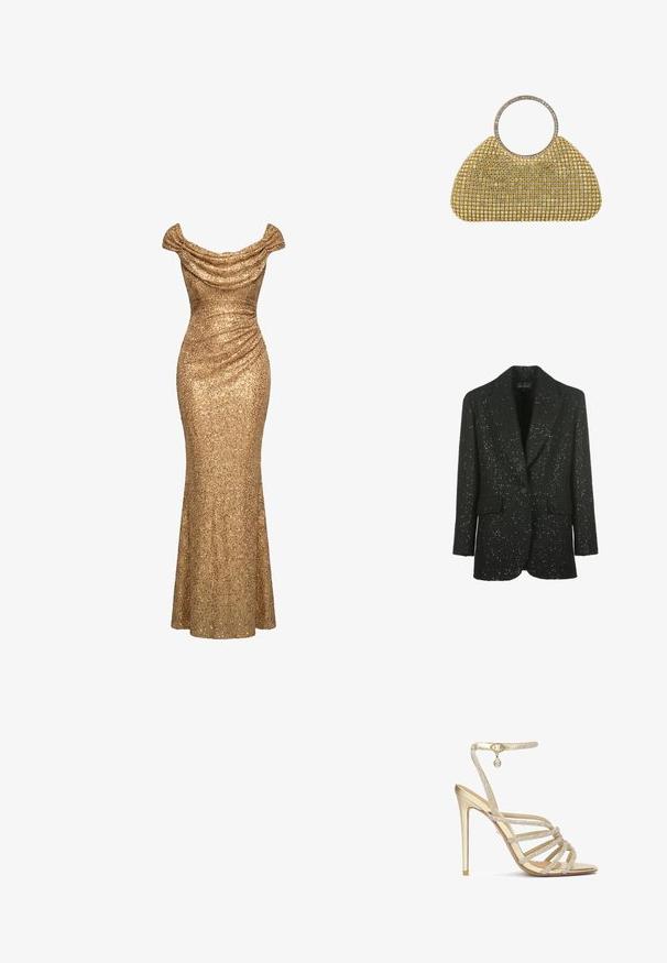 Luisa Spagnoli SOLO - Blazer - nero; Gouden avondjurk met pailletten, off-shoulder, met geplooide details en een nauwsluitend, tot op de vloer reikend silhouet.; Gouden hoge hakken sandalen met meerdere kralen-omzoomde banden en een enkelbandje, met een gladde metallic afwerking en een puntige neus.; Gouden mesh avondclutch met groot rond metalen handvat versierd met kristallen, gestructureerde trapeziumvorm en glinsterende details.