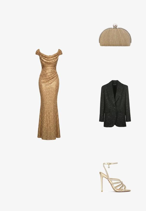 Luisa Spagnoli SOLO - Blazer - nero; Festkjole i guldbelagte palietter med bar skulder, rynkede detaljer og en tætsiddende, gulvlængde silhuet.; Guld højhælede sandaler med flere krystalbesatte stropper og en ankelrem, med en glat metallisk finish og en spids tå.; Clutchpung i gyldent stof med plisseret tekstur, sølvramme og stor perleknap med mindre perler langs kanterne.