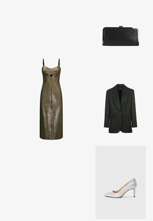 Luisa Spagnoli SOLO - Blazer - nero; Metalisk bronze midi-kjole med tynde sorte stropper og et lille frontudskæring under brystet i et tekstureret stof.; Sølvglitrende højhælede pumps med spids tå og glat inderside. Hælen er tynd og fremhæver det slanke design.; Sort tekstureret rektangulær clutchtaske med sølv metalramme og lås på hvid baggrund.