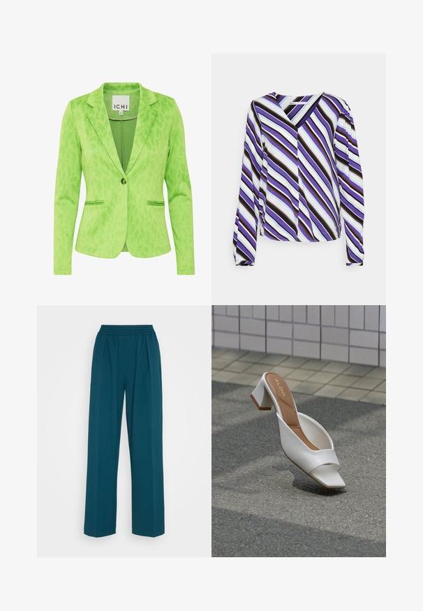 Blazer verde con un patrón de leopardo texturizado, que presenta un cuello con muesca, dos bolsillos frontales y un cierre de un solo botón.; ONLY Tall ONLALMA LIFE SELENA - Blusa - paisley purple city stripe; Pantalones de pierna ancha en color aqua, fabricados con una tela suave, que cuentan con una cinturilla elástica y pliegues frontales para un ajuste relajado. Adecuados para un estilo casual.; Mule blanco de punta abierta con tacón bloque y plantilla marrón con la etiqueta "ALDO", posicionado sobre asfalto con fondo de pared de azulejos.
