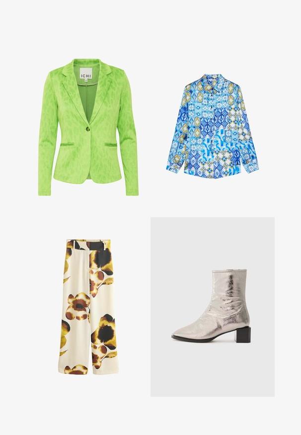 Groene blazer met een gestructureerd luipaardprintpatroon, voorzien van een opstaande kraag, twee voorzakken en een enkele knoopsluiting.; Overhemd met lange mouwen en knopen met blauwe, witte en gouden geometrische en bloemige patchworkpatronen.; Wijde crèmekleurige broek met grote gele, bruine en zwarte bloemenprints en riemlussen in de taille.; Metalen zilveren enkelboot met een puntige neus en blokhak. Gladde textuur, slank ontwerp en minimalistische stikdetails.