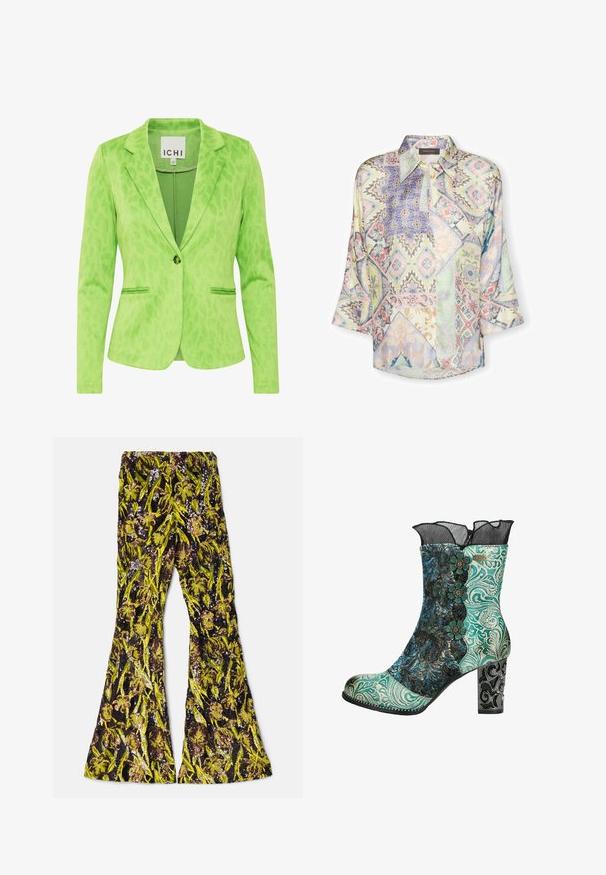 Blazer verde con un patrón de leopardo texturizado, que presenta un cuello con muesca, dos bolsillos frontales y un cierre de un solo botón.; Blusa estampada con una mezcla de patrones geométricos en tonos pastel, cuello con solapa y mangas holgadas. Confeccionada en tela ligera.; AKNVAS EXCLUSIVE LENNON BEADED PANT - Pantalones - ink citrine; Botín con parte superior de color teal y negro estampado, acentos florales y un ribete de encaje negro. Presenta un tacón decorativo con un diseño intrincado.