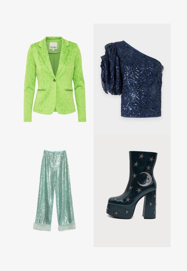 Zelený blejzer s textúrovaným vzorom leopardieho potlače, s klopovým golierom, dvoma prednými vreckami a jedným gombíkom na zapínanie.; Námornícke top s jedným ramenom, zdobený flitrovou vyšívanou kvetinou, textúrovaným pufovaným rukávom a hladkým pásom. Elegantný a priliehavý dizajn.; Svetlomodré široké nohavice so flitrami, s trblietavým povrchom a mäkkými akcentmi z umelého kožušiny na lemoch.; Čierna kotníková platformová obuv s blokovým podpätkom, zdobená striebornými vyšívanými hviezdami a polmesiacom na boku.