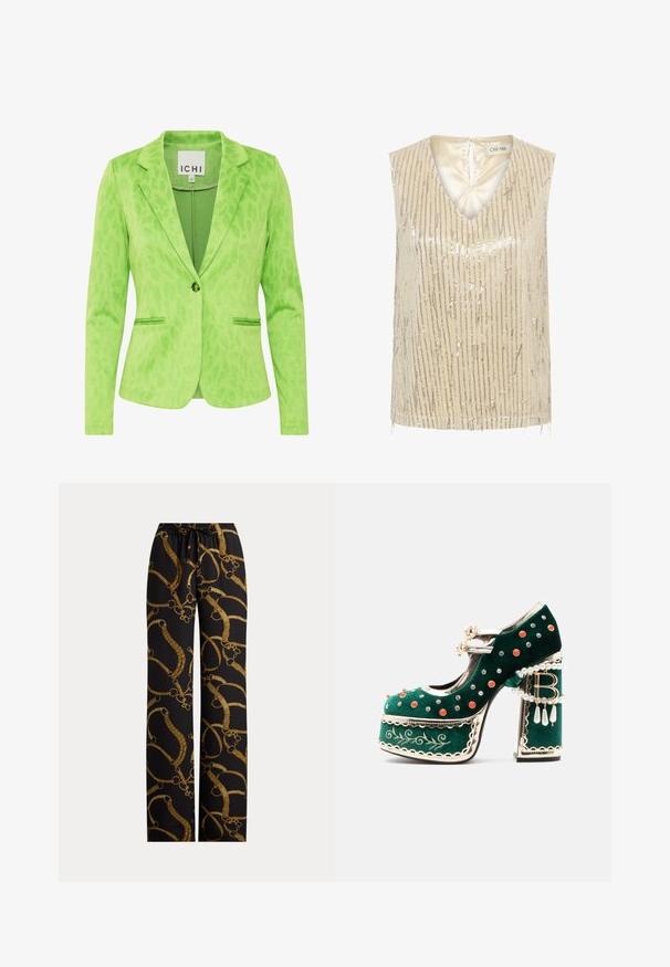 Blazer verde con un patrón de leopardo texturizado, que presenta un cuello con muesca, dos bolsillos frontales y un cierre de un solo botón.; Top sin mangas en color crema con escote en V, cubierto con lentejuelas plateadas verticales y detalles de flecos para un efecto brillante.; Pantalones negros con un estampado dorado de cadena y brida estilo ecuestre, con cintura elástica y cordón delantero.; Zapato de plataforma de terciopelo verde con tachuelas decorativas rojas y plateadas, tiras de perlas, ribete dorado, bordado y un tacón de bloque con perlas colgantes y un colgante "B".