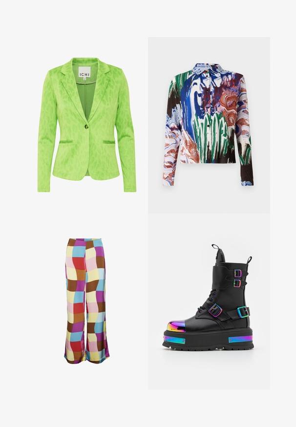 Grøn blazer med et struktureret leopardprintmønster, der har en notch krave, to forvaskede lommer og en enkelt knaplukning.; Henrik Vibskov SLOPE - Skjortebluser - multi coloured; SOMETHINGNEW SABRINA PANTS - Bukser - dahlia; Koi Footwear COSMIC FIRE METAL PLATFORM BOOTS - Snørestøvletter - black/multi-coloured