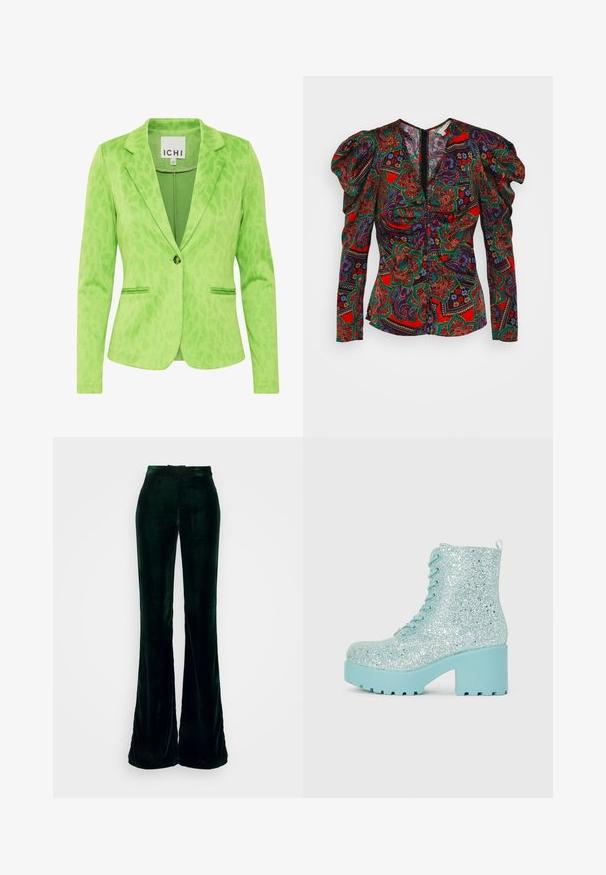 Grøn blazer med et struktureret leopardprintmønster, der har en notch krave, to forvaskede lommer og en enkelt knaplukning.; Veronica Beard SIMMONS - Bluse - flame red multi; Heathe ARIYO SUIT TROUSERS - Bukser - green; Glitrende lyseblå ankelstøvler med en klodset hæl, snørebånd i vandrestil og en tekstureret overflade med glitrende detaljer.
