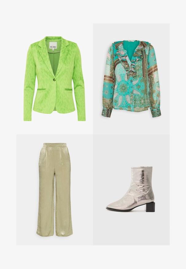 Grüner Blazer mit strukturiertem Leopardenmuster, ausgestattet mit einem Reverskragen, zwei Fronttaschen und einem einfachen Knopfverschluss.; ONLY ONLSTELLA FRILL - Bluse - electric green; Hellegrüne, weite Hose aus glänzendem Material mit glatter Oberfläche, ausgestattet mit zwei Seitentaschen und einem flachen Bund.; Metallisch silberner Knöchelstiefel mit spitzer Zehe und Blockabsatz. Glatte Textur, elegantes Design und minimalistische Nähdetails.