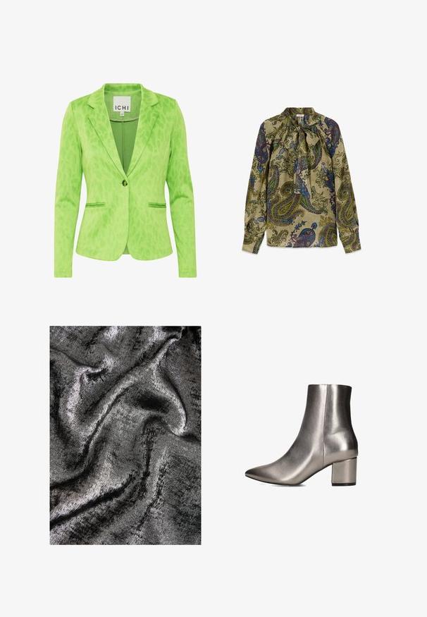 Grüner Blazer mit strukturiertem Leopardenmuster, ausgestattet mit einem Reverskragen, zwei Fronttaschen und einem einfachen Knopfverschluss.; Langärmelige Bluse mit grünem Untergrund und mehrfarbigem Paisley-Muster, mit hohem Kragen, der vorne mit einer Schleife gebunden ist.; Schwarzer und silberner strukturierter Stoff mit leichtem Glanz, der sanfte, gewundene Wellen und ein glattes Oberflächenmuster zeigt.; Metallisch silberner Knöchelstiefel mit spitzem Schuhbereich und Blockabsatz, der ein elegantes und modernes Design zeigt. Vor einem weißen Hintergrund präsentiert.