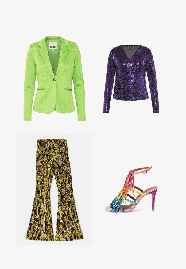 Groene blazer met een gestructureerd luipaardprintpatroon, voorzien van een opstaande kraag, twee voorzakken en een enkele knoopsluiting.; Paarse lange mouwtop bedekt met pailletten, met een V-hals en drapering. Glad textuur met een aansluitend silhouet.; AKNVAS EXCLUSIVE LENNON BEADED PANT - Broek - ink citrine; Sandaal met hoge hak, roze basis, meerkleurige strassriempjes en regenboogfranje die hangt aan het enkelriempje met gesp.