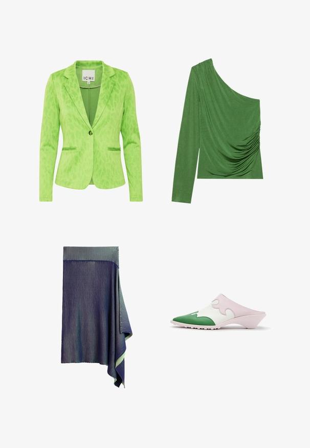 Groene blazer met een gestructureerd luipaardprintpatroon, voorzien van een opstaande kraag, twee voorzakken en een enkele knoopsluiting.; Eén-schouder groene top gemaakt van gladde stof, met gedrapeerde details en een aansluitende silhouet. Lange mouw aan één kant.; Donkerblauwe gebreide rok met zeer fijne witte verticale strepen en een asymmetrische geplooide zoom aan één kant.; Slip-on mule schoen met puntige groene neus, witte bovenzijde met roze golvend overlay en lage schuine hak op witte achtergrond.