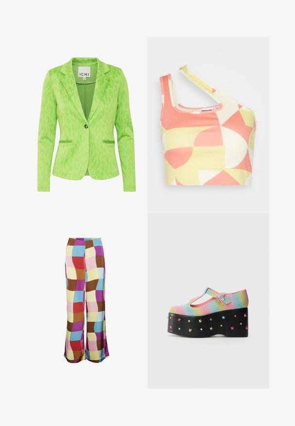 Grøn blazer med et struktureret leopardprintmønster, der har en notch krave, to forvaskede lommer og en enkelt knaplukning.; Noisy May CROSS NECK CROP - Top - eggnog/pale lime yellow/sun kissed coral; SOMETHINGNEW SABRINA PANTS - Bukser - dahlia; Glitrende regnbue-platformsko med T-stropp, prydet med en stjernesformet spænde og multicolor stjernestuds på en sort bund.