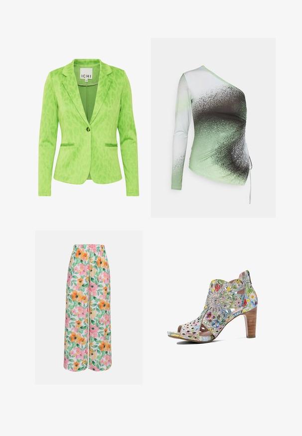 Grøn blazer med et struktureret leopardprintmønster, der har en notch krave, to forvaskede lommer og en enkelt knaplukning.; Elleme ONE SHOULDER - Langærmet T-shirt - light green/white; Blomstrede bukser med vid ben, der har et multfarvet print med pink, orange og grønne blomster på en hvid baggrund. Elastisk talje.; Farverig åben tå højhælet sandal med blomsterprint, laserudskåret solstråledesign og træklodset hæl.