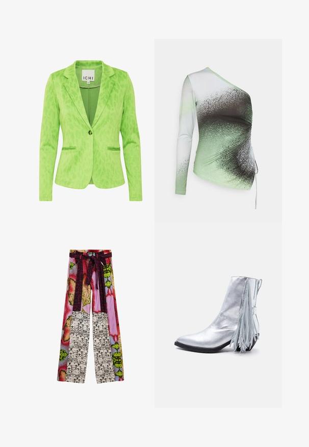 Grüner Blazer mit strukturiertem Leopardenmuster, ausgestattet mit einem Reverskragen, zwei Fronttaschen und einem einfachen Knopfverschluss.; Elleme ONE SHOULDER - Langarmshirt - light green/white; Weite Hosen mit einem bunten Patchwork aus floralen und abstrakten Mustern sowie einem dazu passenden Stoffgürtel, der in der Taille gebunden ist.; Glänzender silberner Stiefelette mit niedrigem Absatz und langen Fransen, die von der Rückseite herabhängen.