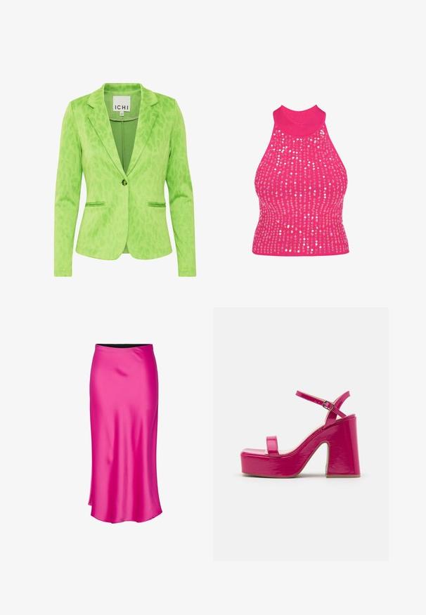 Groene blazer met een gestructureerd luipaardprintpatroon, voorzien van een opstaande kraag, twee voorzakken en een enkele knoopsluiting.; Roze mouwloze top met een hoge kraag, met verticale strepen van kleine, glanzende pailletten tegen een geribbeld patroon.; Satin midi-rok in felroze met een gladde textuur, voorzien van een strakke snit en een zwarte tailleband voor contrast.; RAID MAARIA - Sandalen met hoge hak - pink