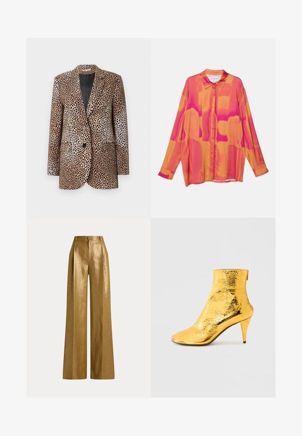 Blazer à motifs léopard en beige et noir, avec deux boutons, revers crantés et poches latérales, fabriqué dans un tissu lisse et brillant.; Chemise à manches longues dans des teintes vives de rose et d'orange, avec un devant à boutons, un col classique et un tissu léger et fluide.; Pantalon taille haute à jambes larges en tissu doré métallique avec fermeture bouton et zip, et passants de ceinture à la taille.; Bottine dorée avec une texture brillante froissée, un bout pointu et un talon fin. Conception hauteur cheville avec fermeture éclair à l'arrière.