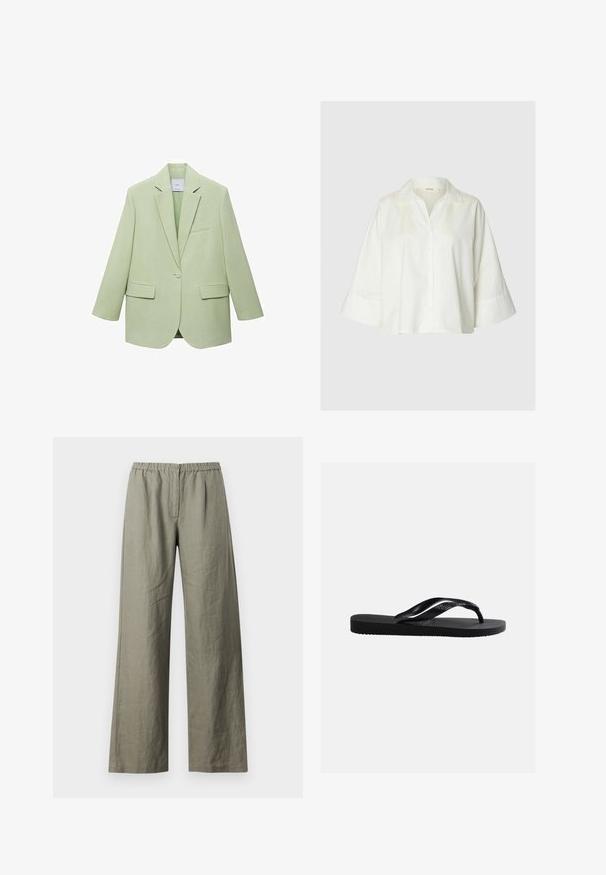 Lysgrøn blazer med en struktureret design, enkelt knaplukning, spidse klapper og to frontlommer. Glat stofstruktur.; Hvid løs skjorte med brede trekvartlange ærmer og en klassisk krave, knappet foran.; Samsøe Samsøe SATOVE TROUSERS - Bukser - vetiver; Sort gummiflip-flop med tekstureret fodseng og Y-formet rem med et diskret prægede brandlogo på siden.