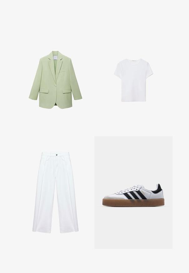 Svetlozelený blazer so štruktúrovaným dizajnom, s jedným gombíkom na zapínanie, s klopovými goliermi a dvoma prednými vreckami. Hladká textúra látky.; Biela kratká dámska tričko s krátkym rukávom vyrobené z mäkkej látky. Má okrúhly výstrih a jednoduchý, čistý dizajn so rovnými okrajmi.; Biele nohavice s širokými nohavicami, prednými záhybmi, pútkami na opasok, bočnými vreckami a zapínaním na gombík a zips.; Biele kožené tenisky s čiernymi pruhmi, gumová podrážka, okrúhla špička, šnurovanie a mäkký sivý semišový špička.