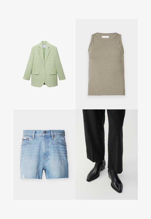 Lysgrøn blazer med en struktureret design, enkelt knaplukning, spidse klapper og to frontlommer. Glat stofstruktur.; Ribbet tanktop i olivengrøn med rund halsudskæring og ærmeløs design. Fremstillet af blødt, elastisk materiale med en tætsiddende pasform.; Lyseblå denimshorts med knap foran, bæltestropper, to forlommer og let slidte detaljer på siderne og kanten.; Sorte læder ankelstøvler med spids tå, glat tekstur og firkantet hæl. Kombinationen med sorte, vide bukser skaber en slank silhuet.