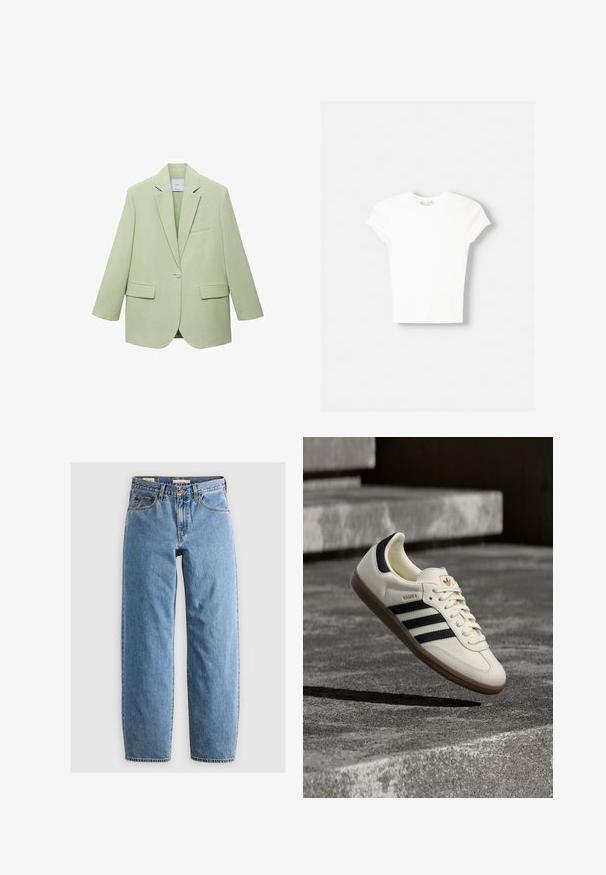 Lysgrøn blazer med en struktureret design, enkelt knaplukning, spidse klapper og to frontlommer. Glat stofstruktur.; Hvid kortærmet t-shirt lavet af blød bomuld, med rund halsudskæring og en tætsiddende form. Ingen synlige mønstre eller udsmykninger.; Lysblå denim jeans med lige ben-design, fem lommer, lynlås og en subtil falmet tekstur. Klassisk stil med minimal hardware.; Hvid Adidas Samba sneaker med sorte striber og gummsål, svævende over teksturerede grå betonstrin.