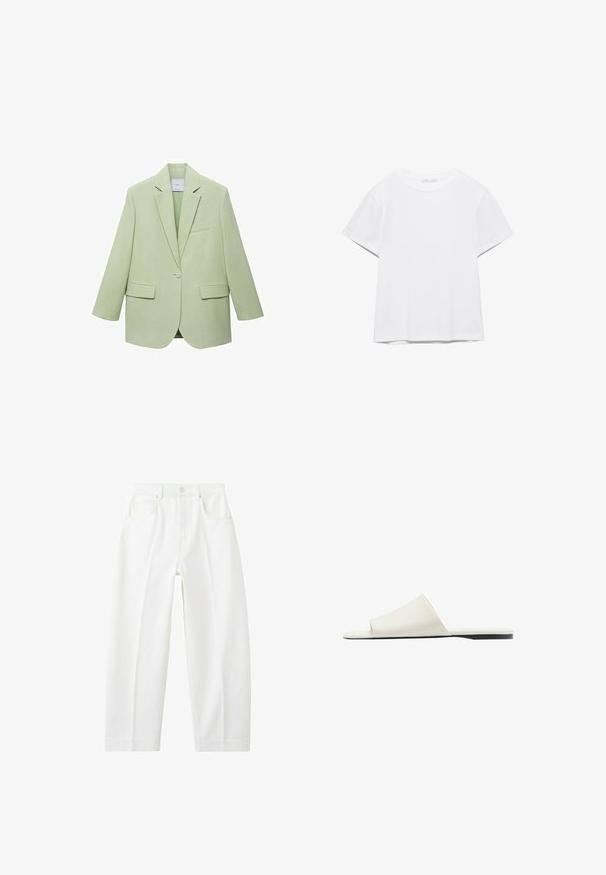 Lysgrøn blazer med en struktureret design, enkelt knaplukning, spidse klapper og to frontlommer. Glat stofstruktur.; Hvid, kortærmet T-shirt med rund hals og lige kant, vist på en hvid baggrund.; Hvide, højtaljede jeans med lige ben, forlommer, bæltestropper og knappelukning.; Hvid slidesandal med en bred rem og flad sål, vist i sidevisning på en hvid baggrund.