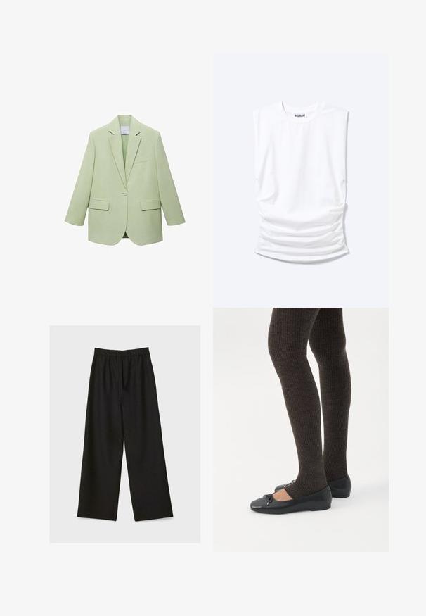 Lysgrøn blazer med en struktureret design, enkelt knaplukning, spidse klapper og to frontlommer. Glat stofstruktur.; Hvid ærmeløs t-shirt med rund halsudskæring, polstrede skuldre og rynkede sider, lagt fladt på lys baggrund.; Sorte brede benbukser med elastisk talje, vist fladt på en lys baggrund.; Ben iført mørke ribbede leggings kombineret med sorte balletsko med små sløjfedetaljer på hvid baggrund.