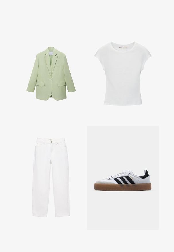 Lysgrøn blazer med en struktureret design, enkelt knaplukning, spidse klapper og to frontlommer. Glat stofstruktur.; Hvid bomuld t-shirt med korte, opsmøgede ærmer, rund halsudskæring og lige kant. Glat tekstur uden synlige mønstre eller detaljer.; Hvide straight-leg jeans lavet af denim, med frontknaplukning, fem-lomme-design og subtile syningsdetaljer.; Hvide lædersneakers med sorte striber, gummirubber sål, rund tå, snørelukning og blød grå ruskinds tåhætte.