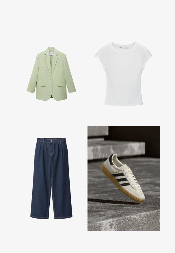 Svetlozelený blazer so štruktúrovaným dizajnom, s jedným gombíkom na zapínanie, s klopovými goliermi a dvoma prednými vreckami. Hladká textúra látky.; Biele bavlnené tričko s krátkymi, stočenými rukávmi, okrúhlym výstrihom a rovnou lemovkou. Hladká textúra bez viditeľných vzorov alebo akcentov.; Široké džínsové nohavice tmavomodrej farby s čistým vzhľadom, vybavené prednými záhybmi, zapínaním na gombík a kontrastnými stehmi.; Biela teniska Adidas Spezial s čiernymi pásikmi a gumovou podrážkou vznášajúca sa nad sivými kamennými schodmi vonku.