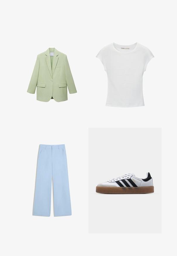 Svetlozelený blazer so štruktúrovaným dizajnom, s jedným gombíkom na zapínanie, s klopovými goliermi a dvoma prednými vreckami. Hladká textúra látky.; Biele bavlnené tričko s krátkymi, stočenými rukávmi, okrúhlym výstrihom a rovnou lemovkou. Hladká textúra bez viditeľných vzorov alebo akcentov.; Svetlomodré široké nohavice s bočnými vreckami a pútkami na opasok, zobrazené na bielom pozadí.; Biele kožené tenisky s čiernymi pruhmi, gumová podrážka, okrúhla špička, šnurovanie a mäkký sivý semišový špička.