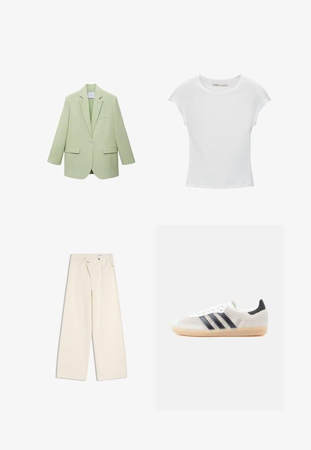 Svetlozelený blazer so štruktúrovaným dizajnom, s jedným gombíkom na zapínanie, s klopovými goliermi a dvoma prednými vreckami. Hladká textúra látky.; Biele bavlnené tričko s krátkymi, stočenými rukávmi, okrúhlym výstrihom a rovnou lemovkou. Hladká textúra bez viditeľných vzorov alebo akcentov.; Krémové široké nohavice s prednými vreckami, pútkami na opasok a striebornými gombíkmi na páse a okrajoch vreciek.; Biele sieťované tenisky s čiernym dizajnom troch pruhov, zaoblenou špičkou a gumovou podrážkou. Majú mäkký opätkový golier a šnurovanie.