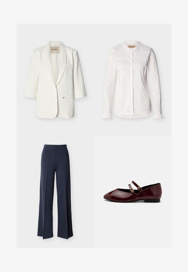 Blazer blanc cintré avec revers crantés, fermeture à un bouton, deux poches avant et manches trois-quarts.; Blouse blanche à manches longues avec col mao, patte de boutonnage dissimulée, fines rayures verticales et poignets à volants, présentée sur un fond uni.; Pantalon large bleu marine avec fentes latérales, taille haute et devant lisse, présenté sur un fond blanc.; Anna Field Babies - dark red