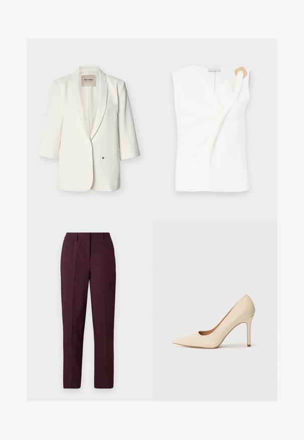 Blazer blanc cintré avec revers crantés, fermeture à un bouton, deux poches avant et manches trois-quarts.; Blouse sans manches blanche avec un design croisé, présentant un détail décoratif en forme d'anneau doré sur l'épaule droite.; Pantalon droit bordeaux avec une texture lisse, présentant un devant plat et sans poches visibles. Coupe ajustée avec une coupe classique.; Escarpin en cuir beige à talon haut avec un bout pointu et un détail découpé sur le côté, possédant un talon stiletto fin pour le soutien.