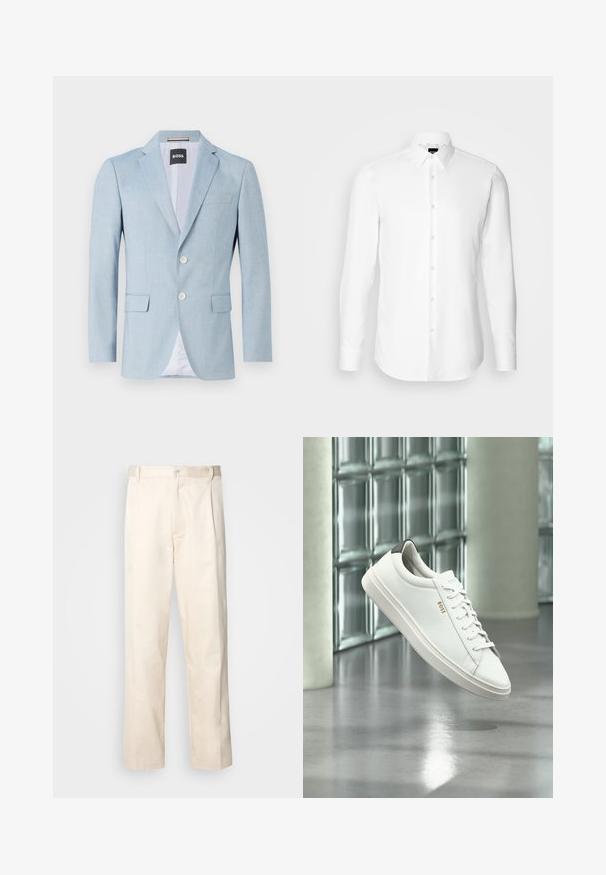 Helles blaues Blazer mit Reverskragen, zwei Fronttaschen und zwei Knöpfen. Hergestellt aus strukturiertem Stoff mit einem Innenfutter.; Weißes Langarmhemd, vorne mit Knöpfen, klassischer Kragen, aus glattem Stoff mit feiner Textur, für eine figurnahe Passform entworfen.; Beige Baumwollhose mit geradem Bein, ausgestattet mit einem Knopfverschluss und Falten an der Vorderseite für zusätzliche Details.; Weißer Leder-Low-Top-Sneaker mit Schnürsenkeln, schwarzer Fersenschlaufe und „BOSS“-Logo, der drinnen nahe einer Glassteinwand und einem polierten Boden schwebt.