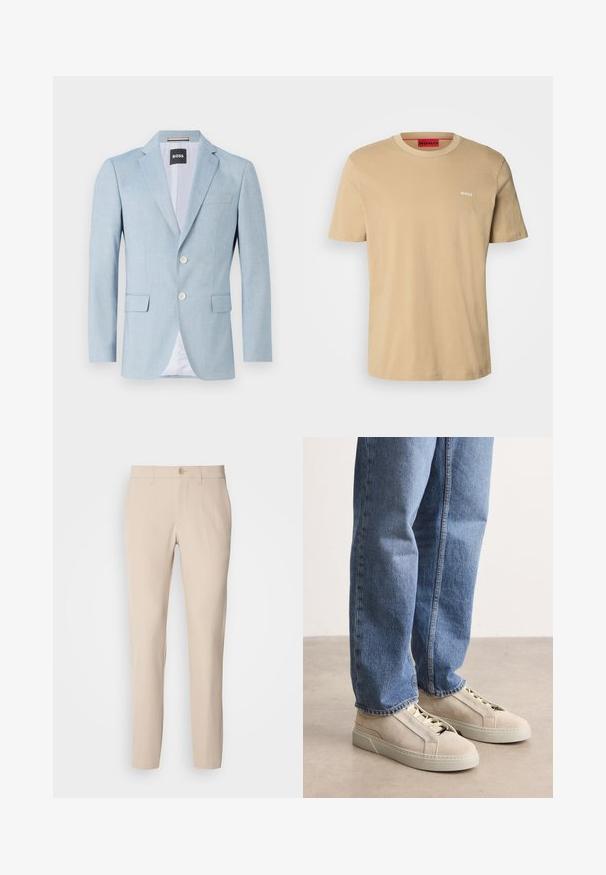 Helles blaues Blazer mit Reverskragen, zwei Fronttaschen und zwei Knöpfen. Hergestellt aus strukturiertem Stoff mit einem Innenfutter.; Beige Baumwoll-T-Shirt mit Rundhalsausschnitt, kurzen Ärmeln und einem kleinen weißen "HUGO"-Logo auf der Brust. Glatte Textur ohne Muster.; Beige Hose aus weichem Stoff, mit Knopfverschluss, geradem Schnitt und seitlichen Taschen. Glatte Textur mit minimalen Nähdetails.; BOSS GARYTENN_SDHDEL - Sneaker low - natural ten